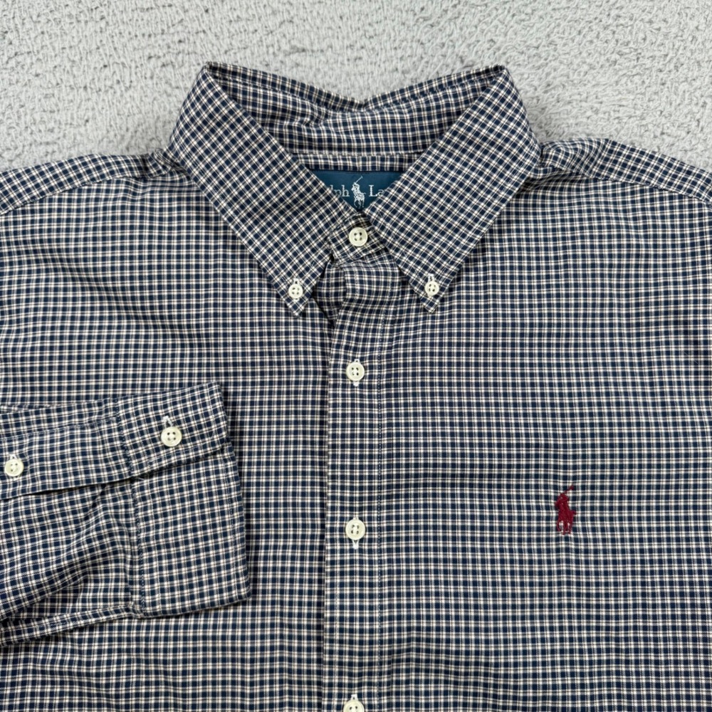 Ralph Lauren Mens Classic Fit Gingham Button Down Shirt Blue White Tan Large L